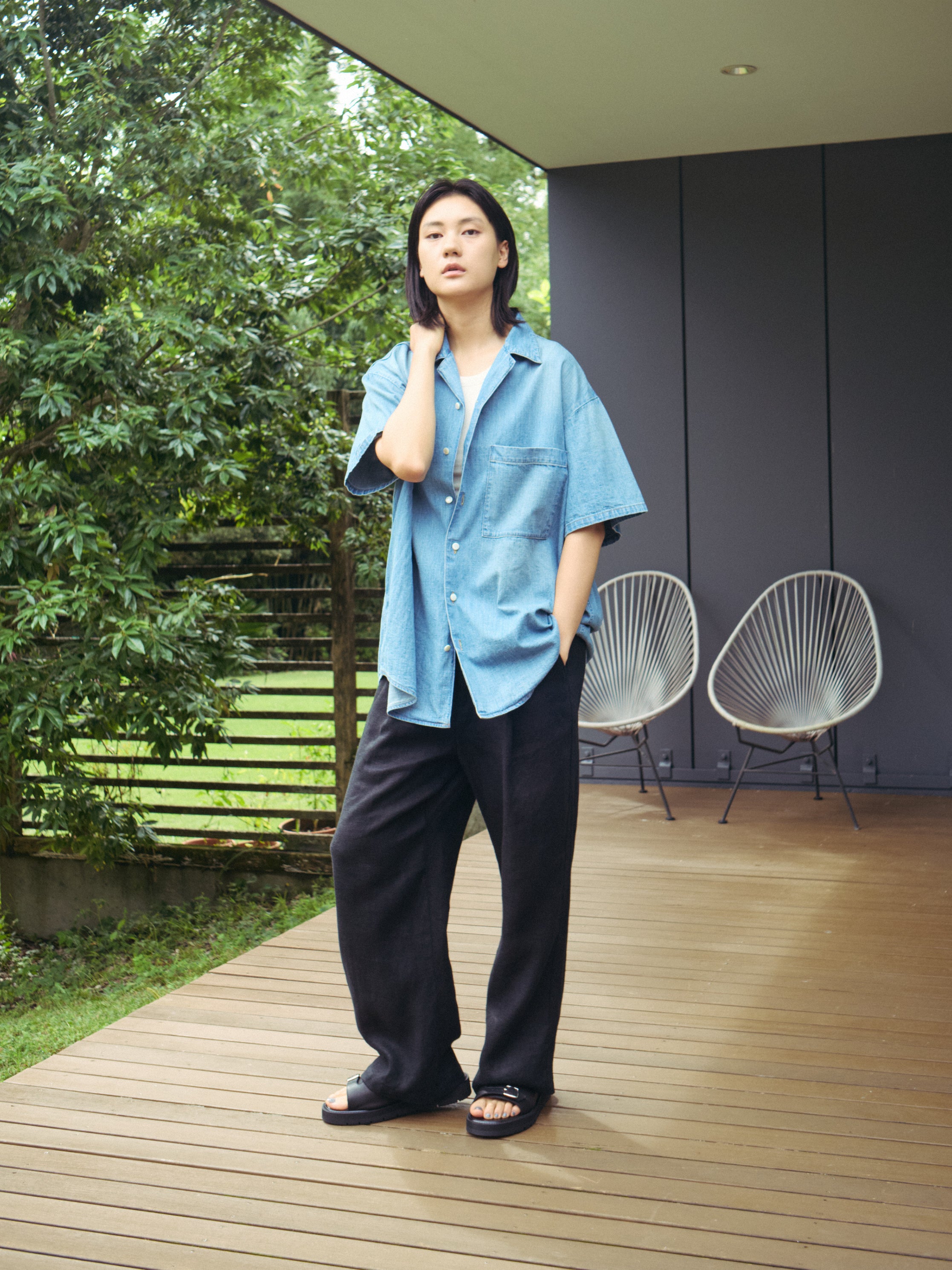superNova. Big open collar S/S shirt - Old vintage wash/Light Indigo