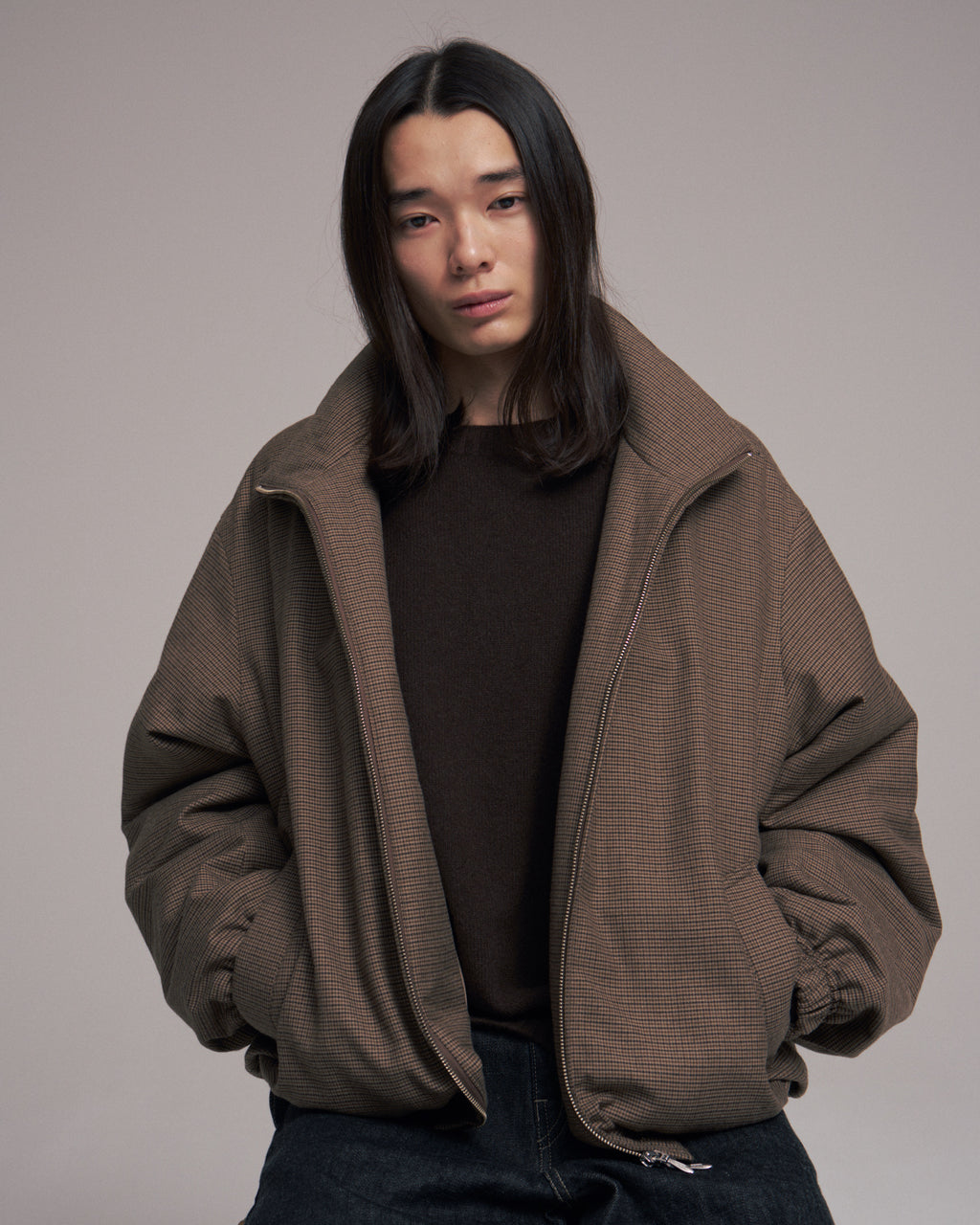 【LAST1】superNova. Quilted lining track jacket - Gun club check / Brown
