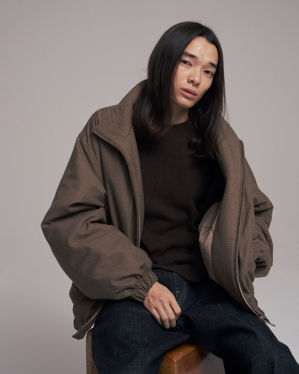【LAST1】superNova. Quilted lining track jacket - Gun club check / Brown