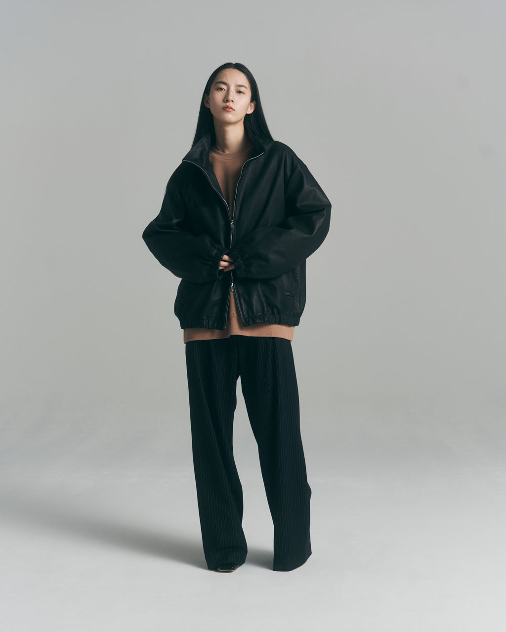 superNova. Wide Chalk Stripe Utility Trousers / Black