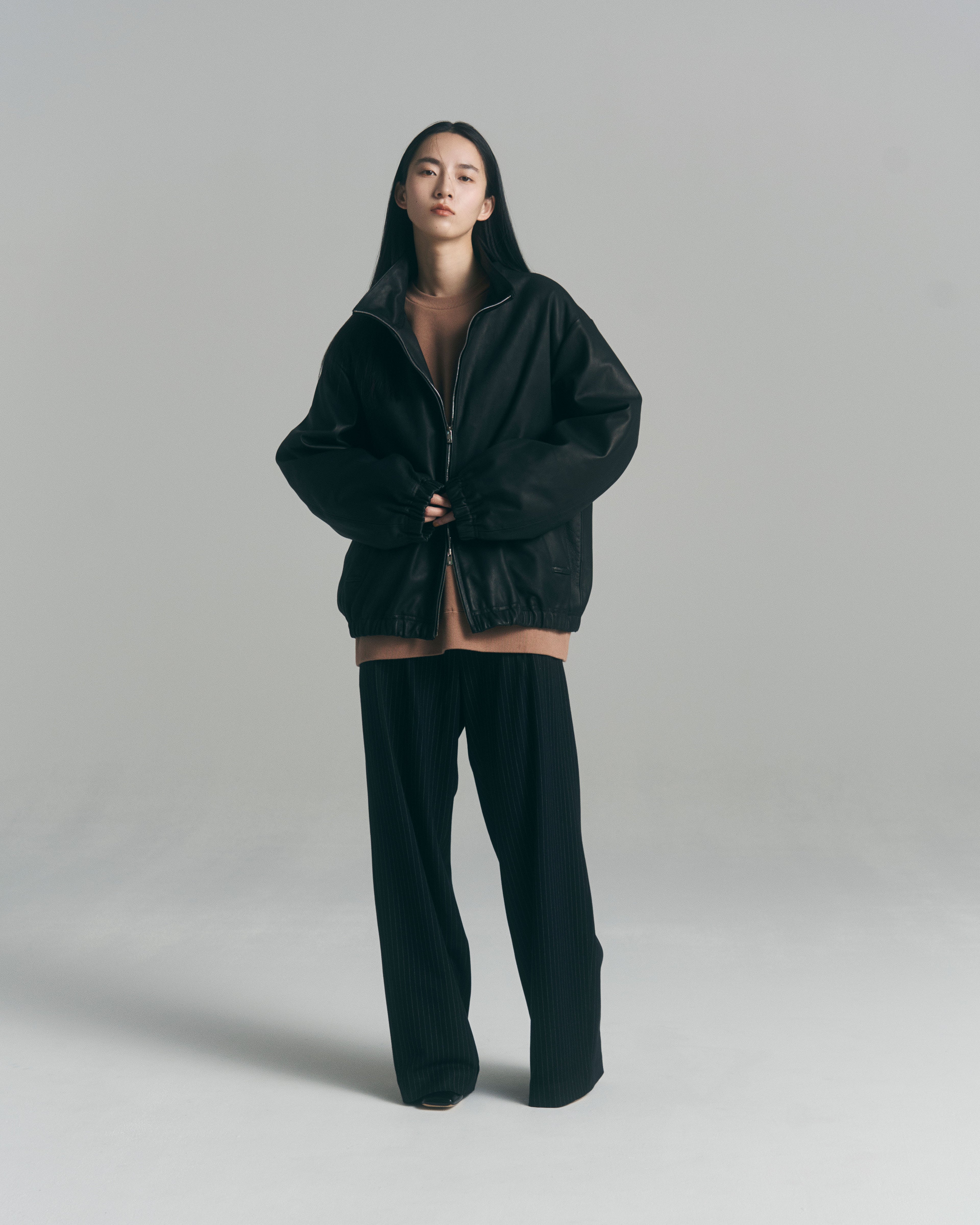 superNova. Wide Chalk Stripe Utility Trousers / Black