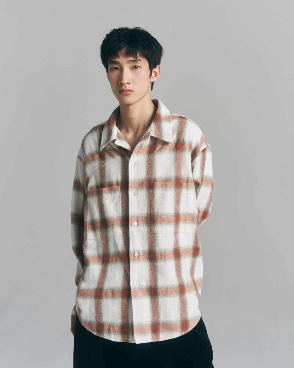 9月中発送予定 superNova. Ombre Check Flannel Shirt / White×Orange