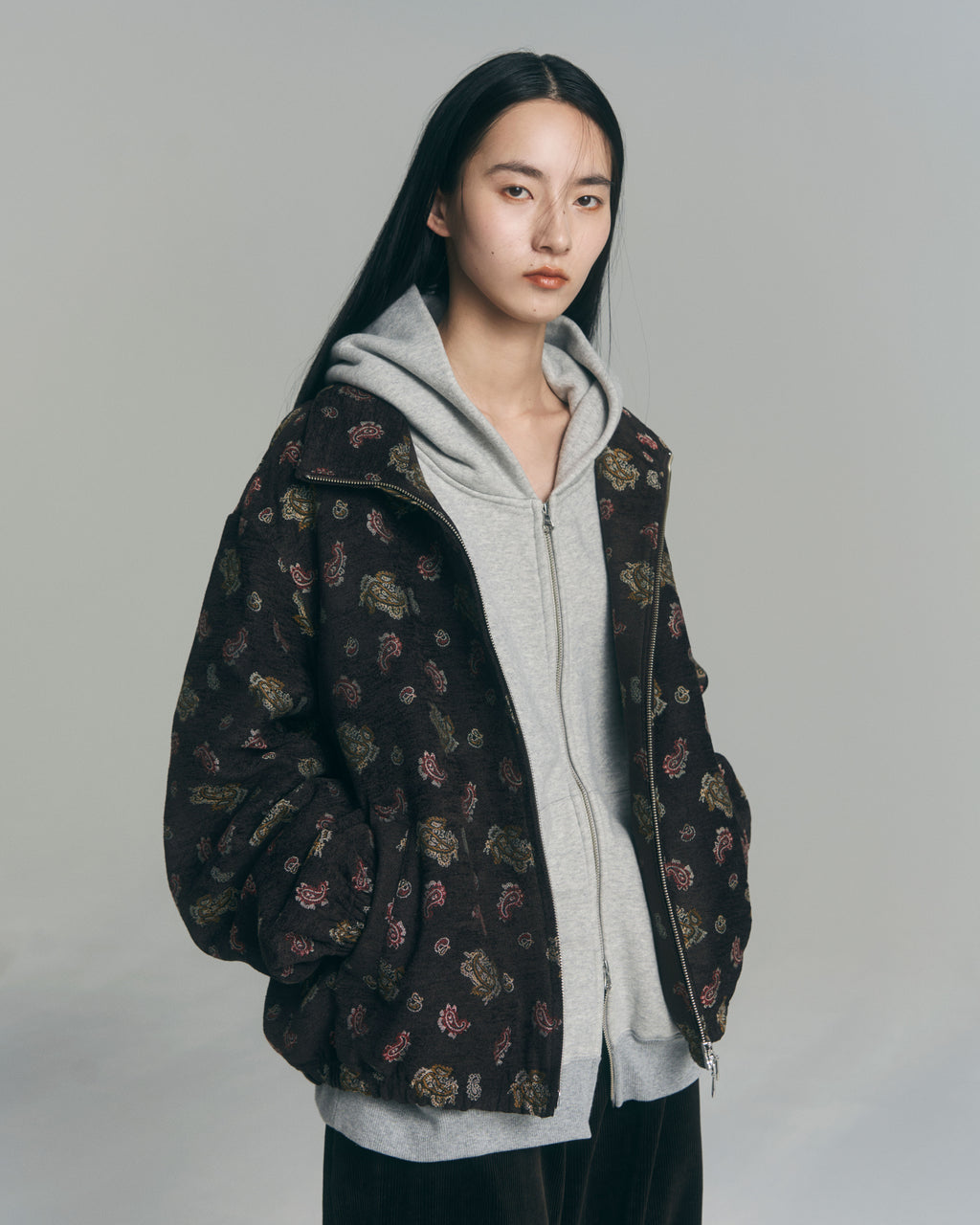 superNova. Oversized Jacquard Sweat Zip Hoodie / Gray
