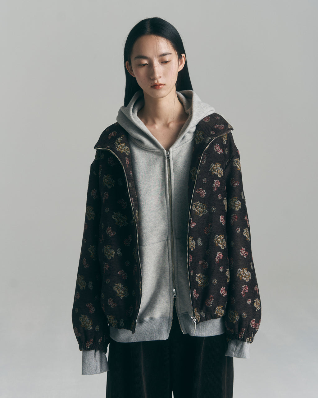 superNova. Oversized Jacquard Sweat Zip Hoodie / Gray