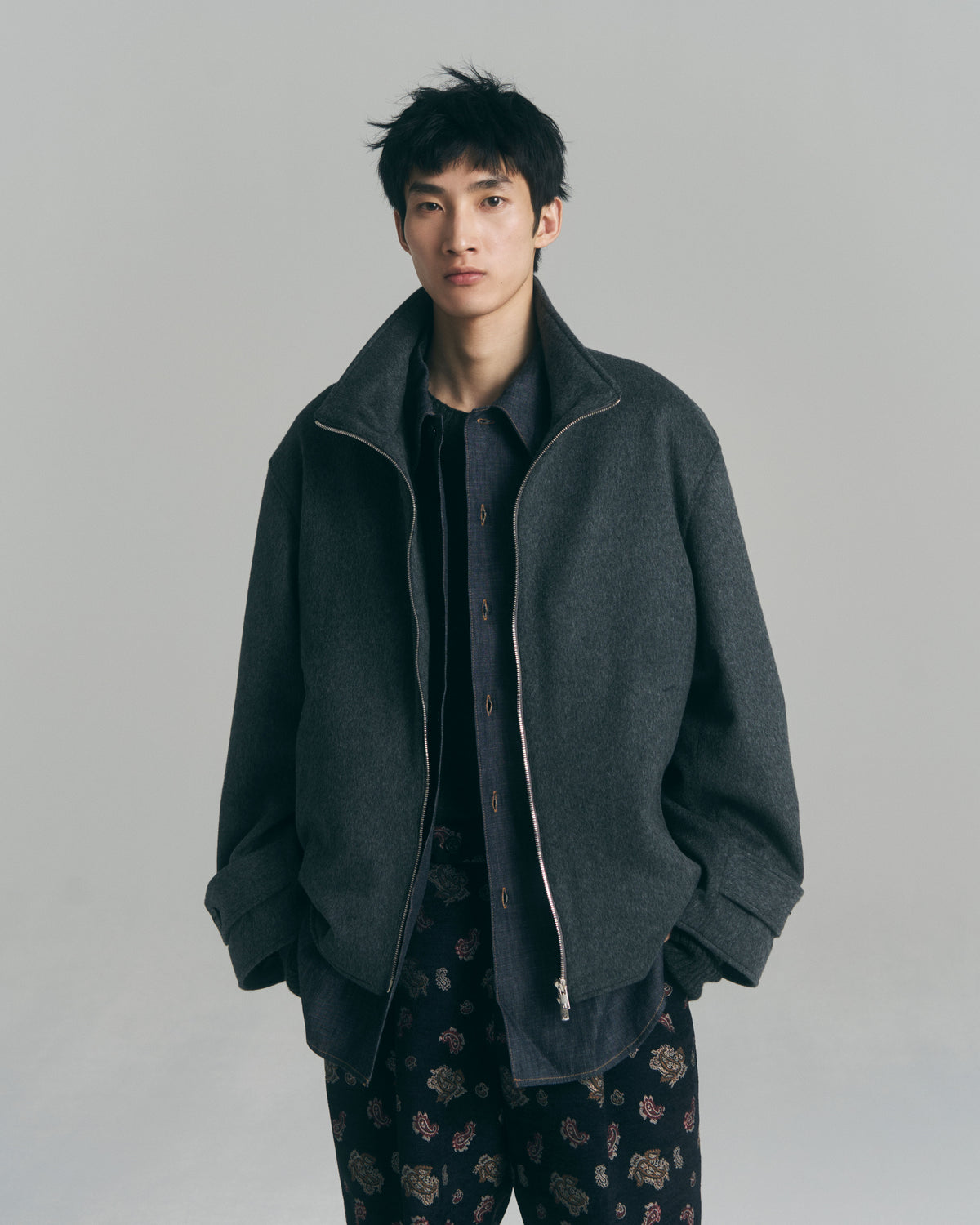 10月中発送予定 superNova. Melton Stand Collar Zip Jacket / Charcoal
