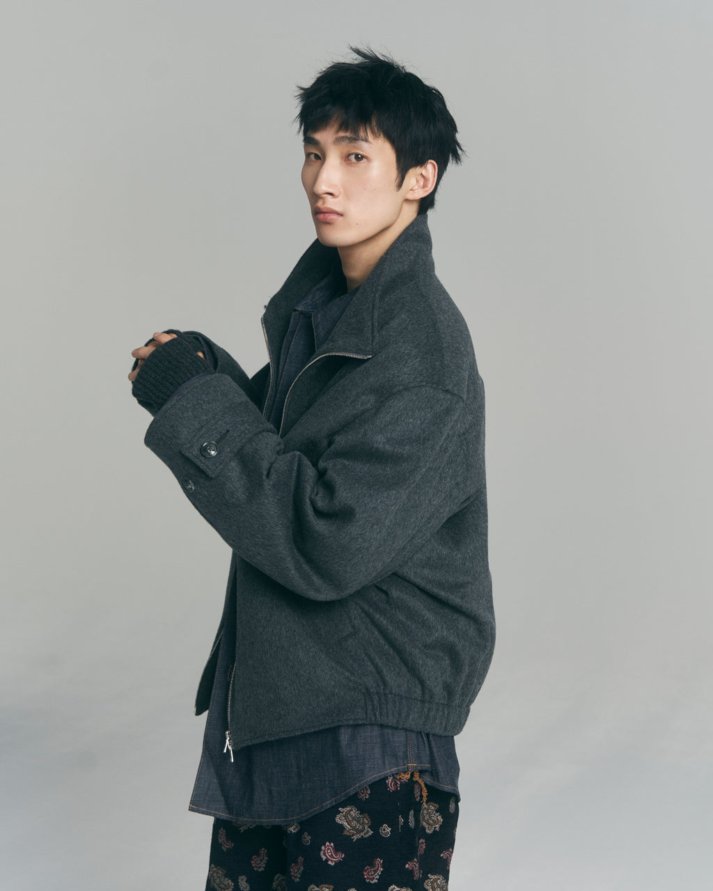 10月中発送予定 superNova. Melton Stand Collar Zip Jacket / Charcoal