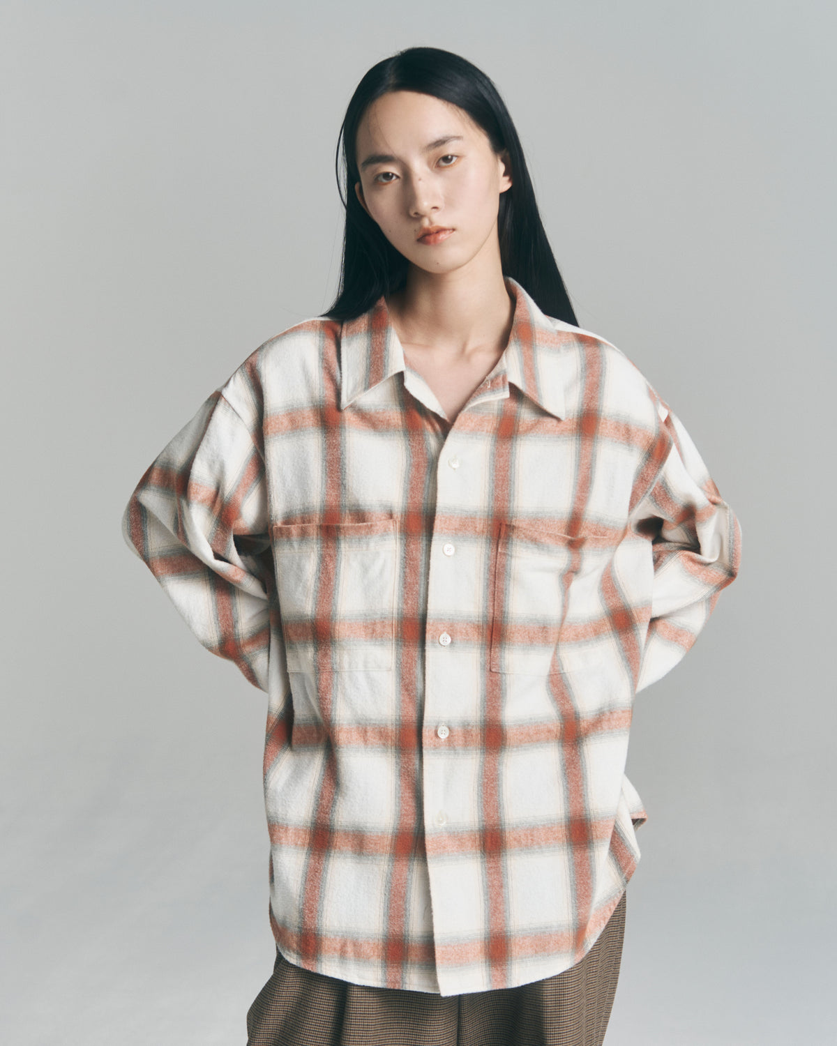 9月中発送予定 superNova. Ombre Check Flannel Shirt / White×Orange