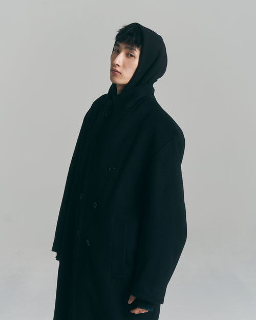 10月中発送予定 superNova. Melton Double-Breasted Peak Lapel Overcoat / Black