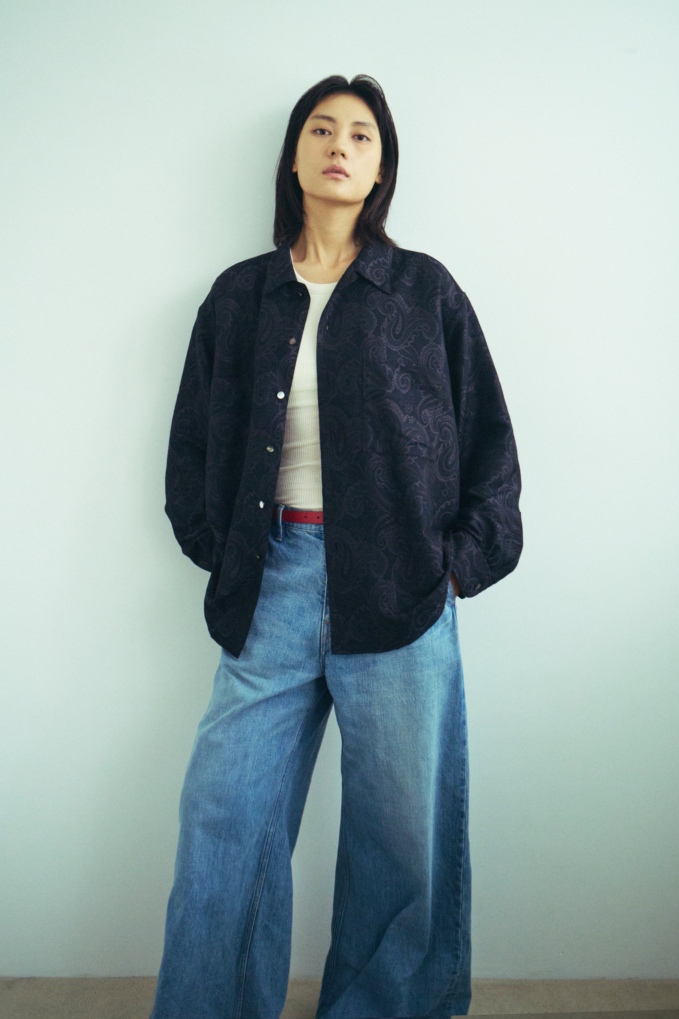 superNova. Split yoke big shirt - Paisley jacquard-Black x Navy