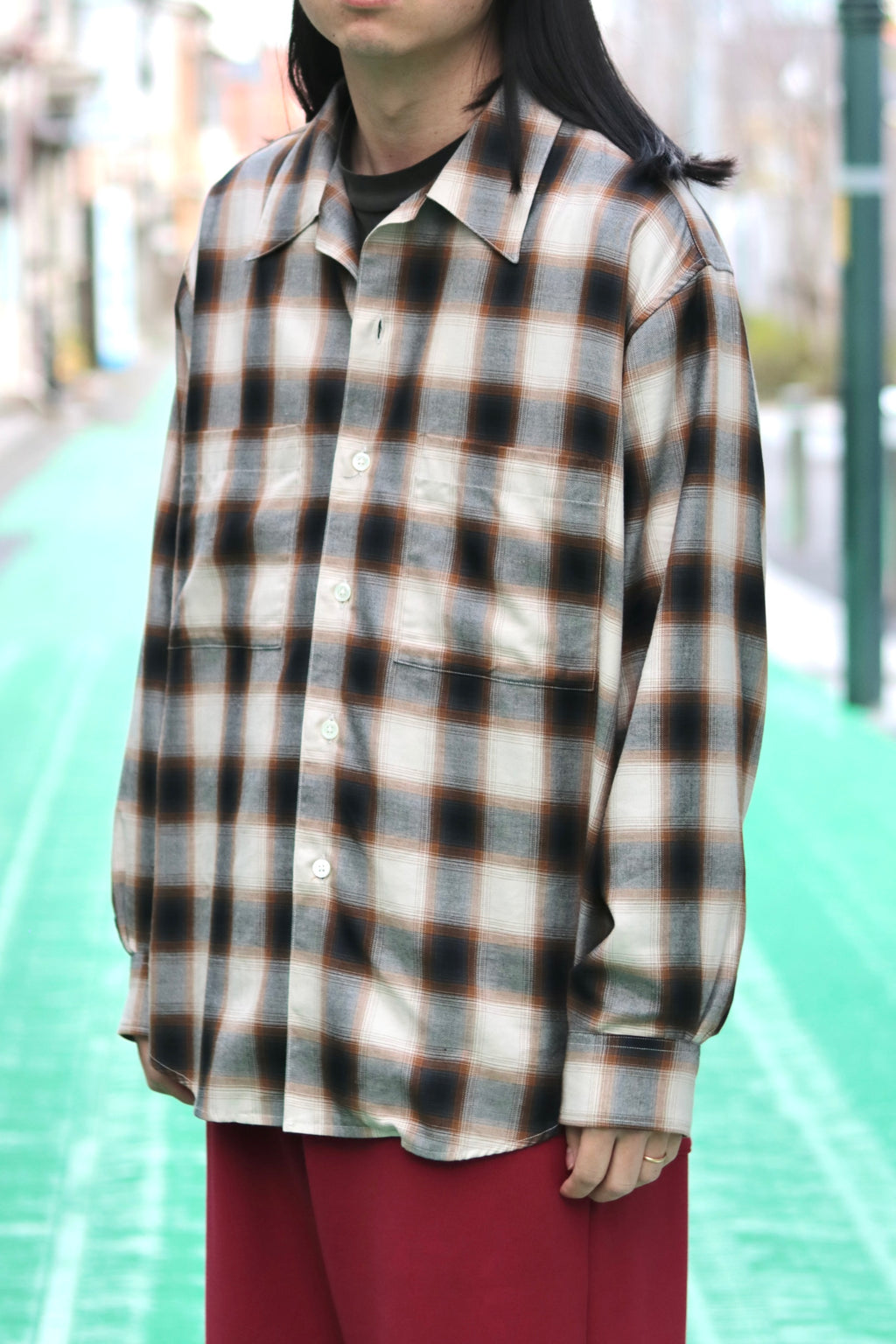 superNova. Split yoke big shirt - Ombre check / Brown×Navy