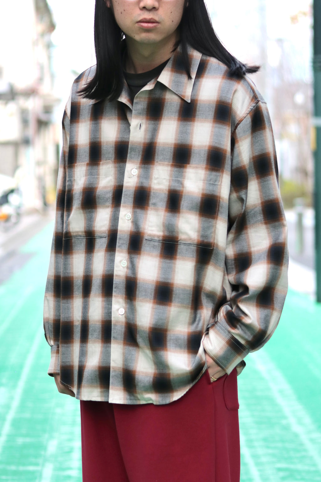 superNova. Split yoke big shirt - Ombre check / Brown×Navy