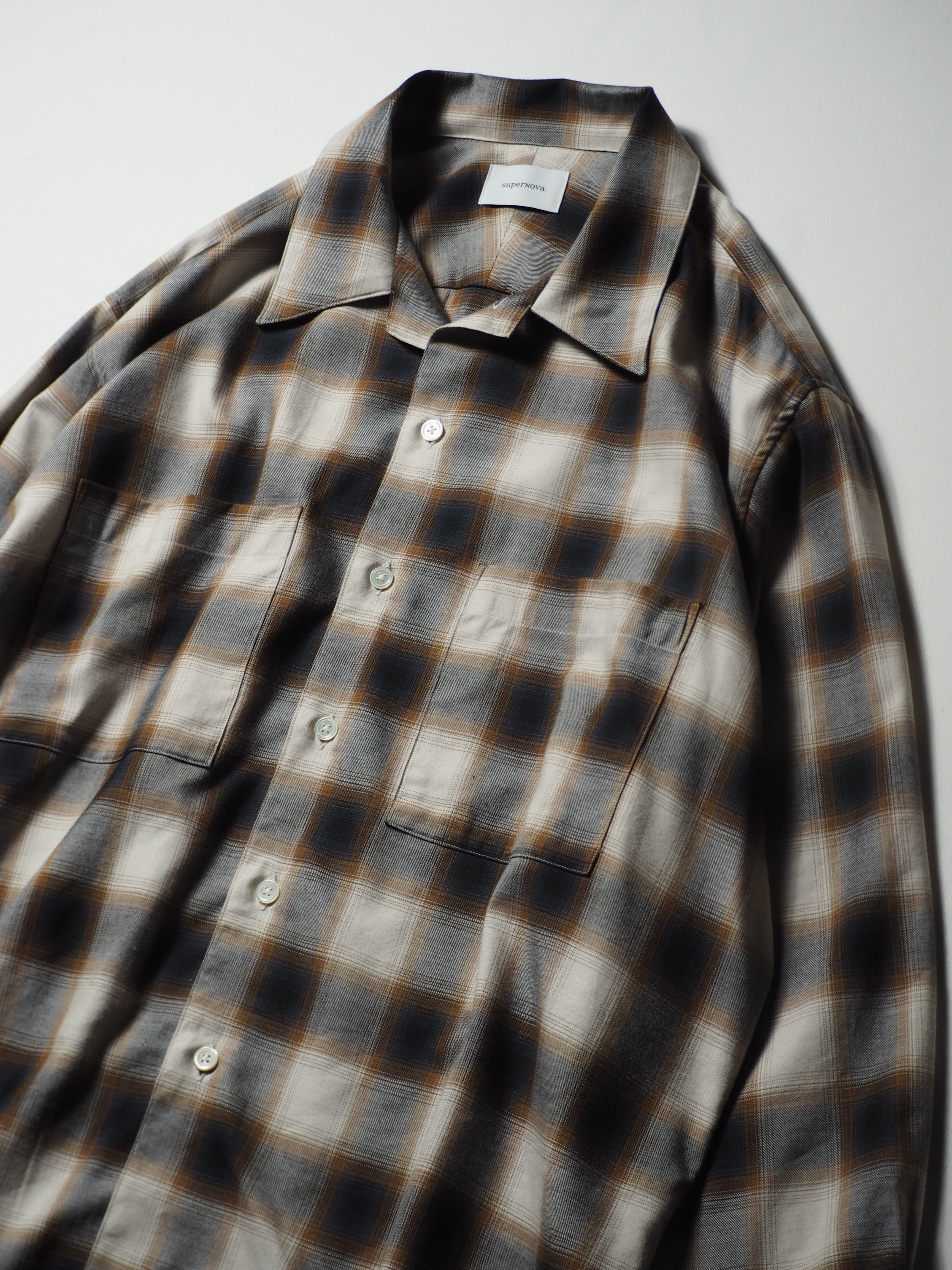 superNova. Split yoke big shirt - Ombre check / Brown×Navy