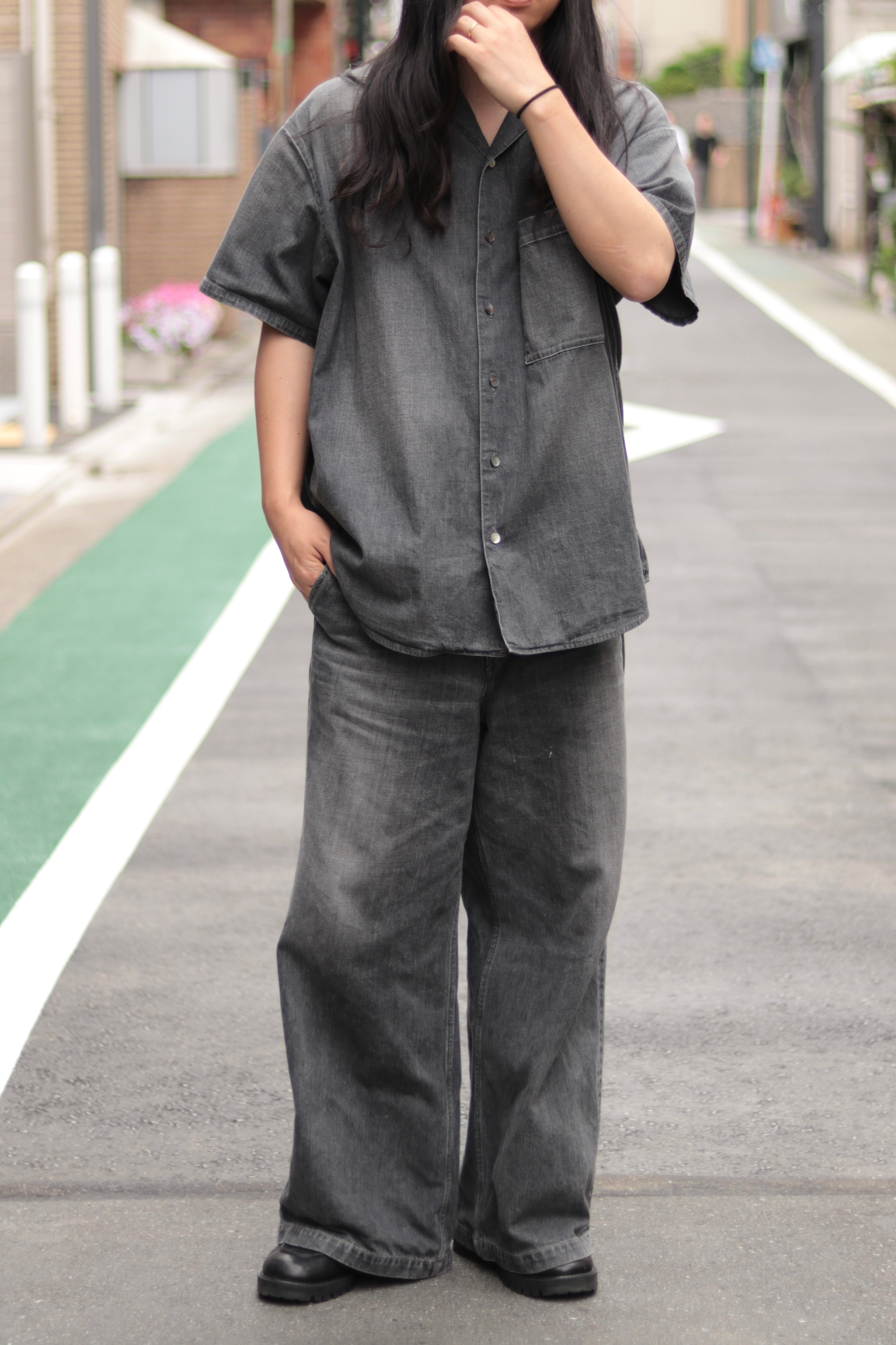 superNova. Big open collar S/S shirt - Old vintage wash/Mid black