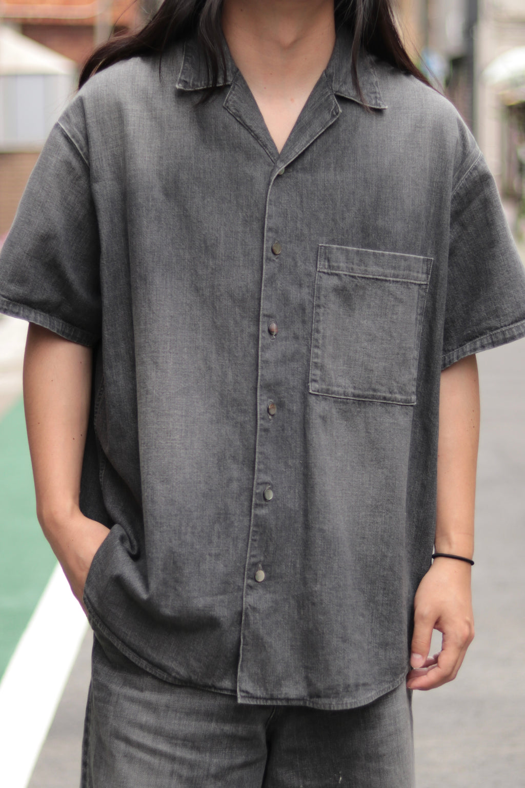 superNova. Big open collar S/S shirt - Old vintage wash/Mid black