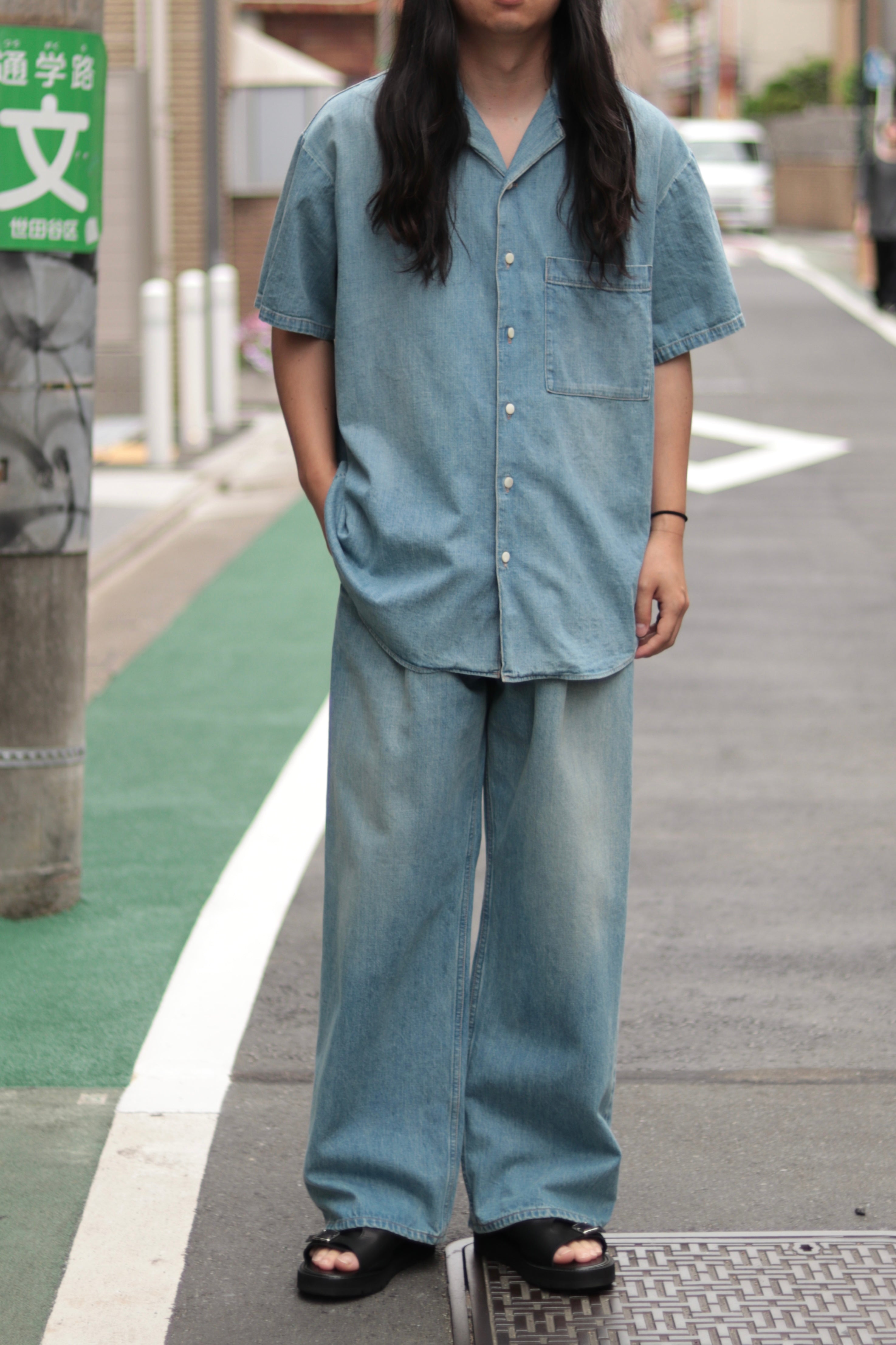 superNova. Big open collar S/S shirt - Old vintage wash/Light Indigo