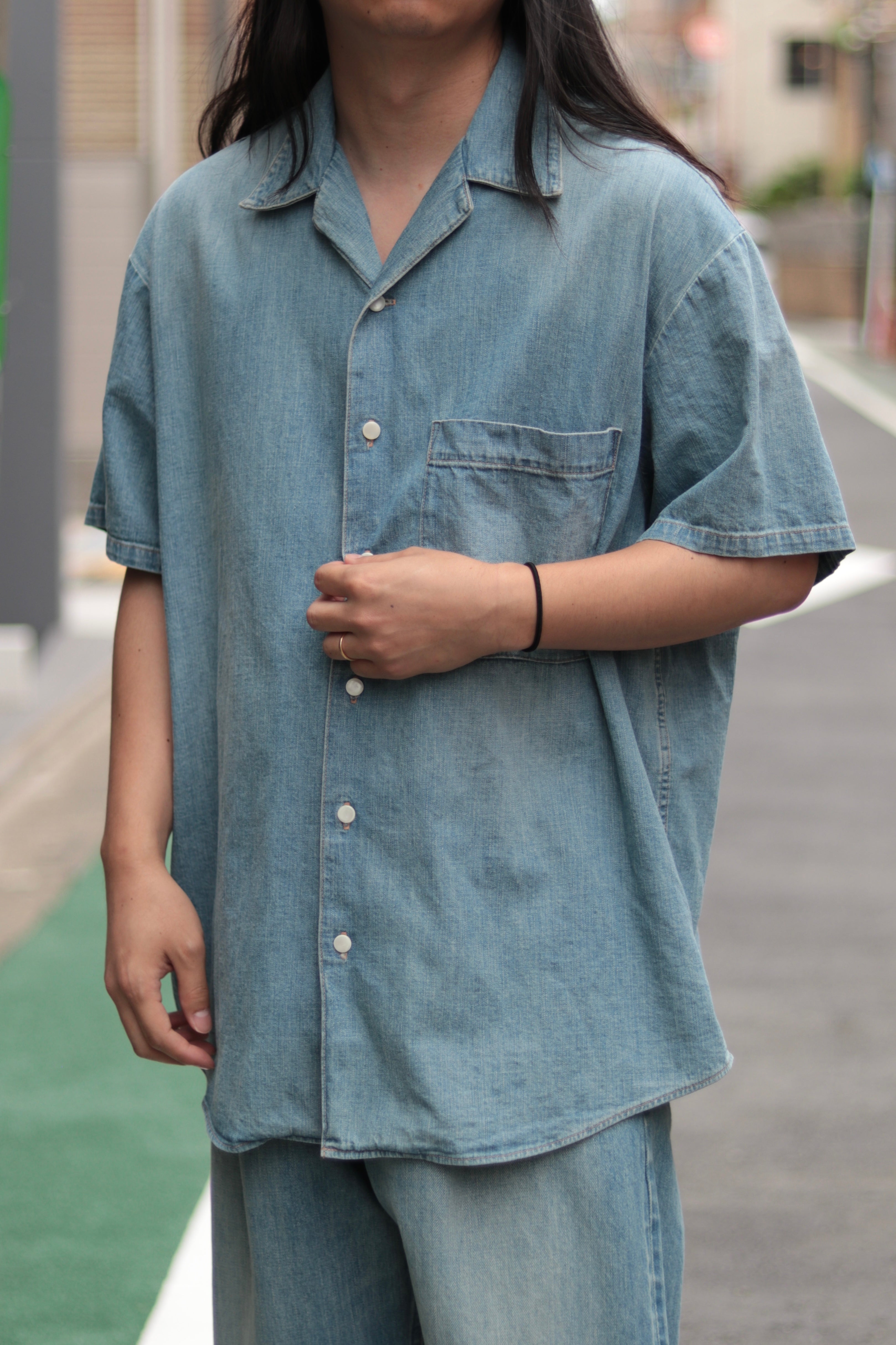 superNova. Big open collar S/S shirt - Old vintage wash/Light Indigo