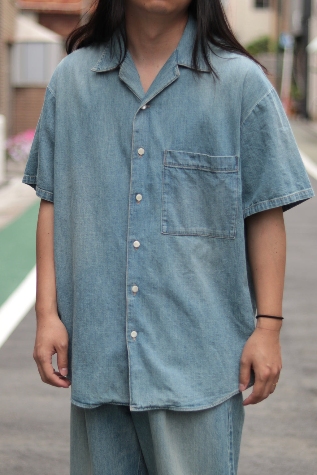 superNova. Big open collar S/S shirt - Old vintage wash/Light Indigo