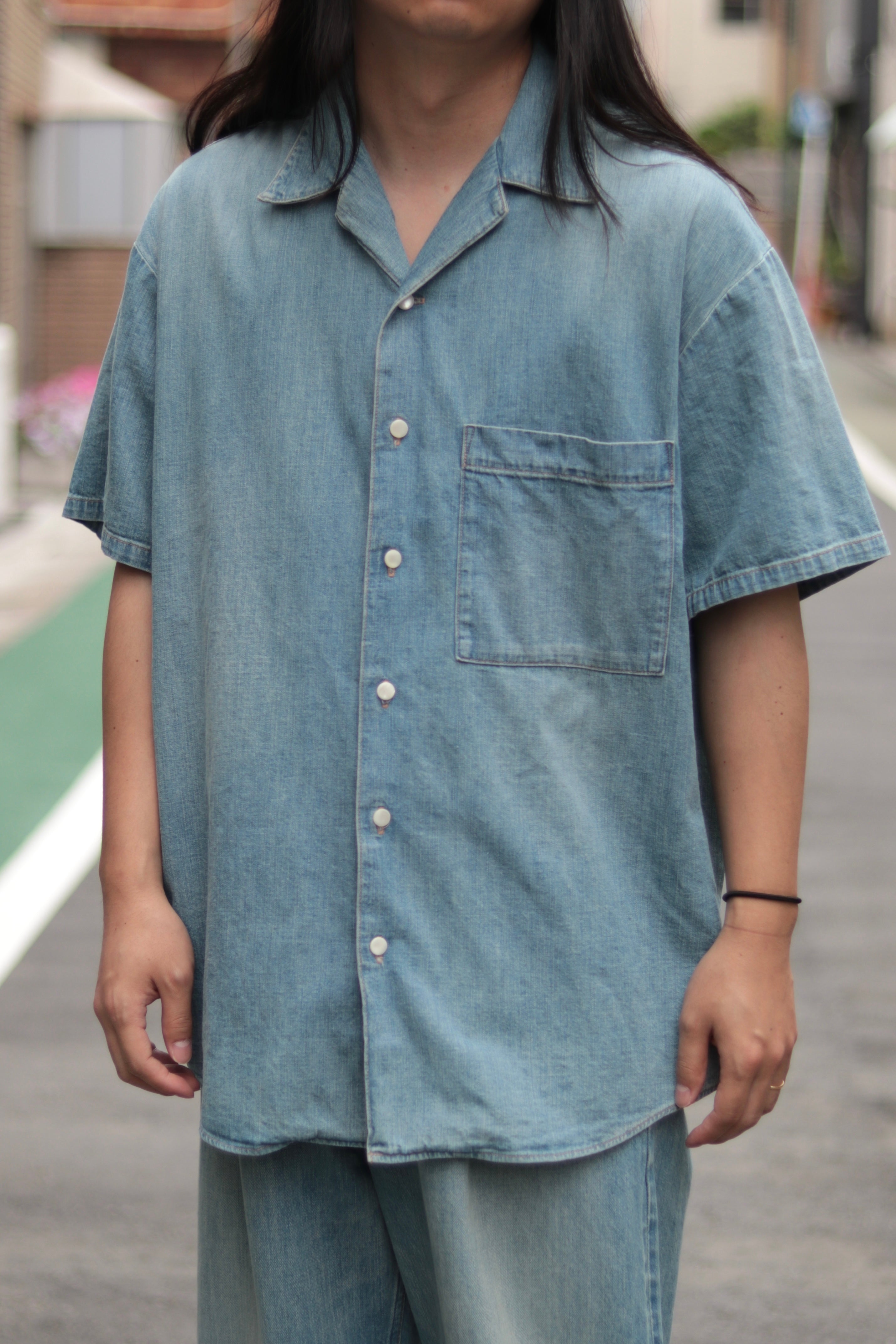 superNova. Big open collar S/S shirt - Old vintage wash/Light Indigo