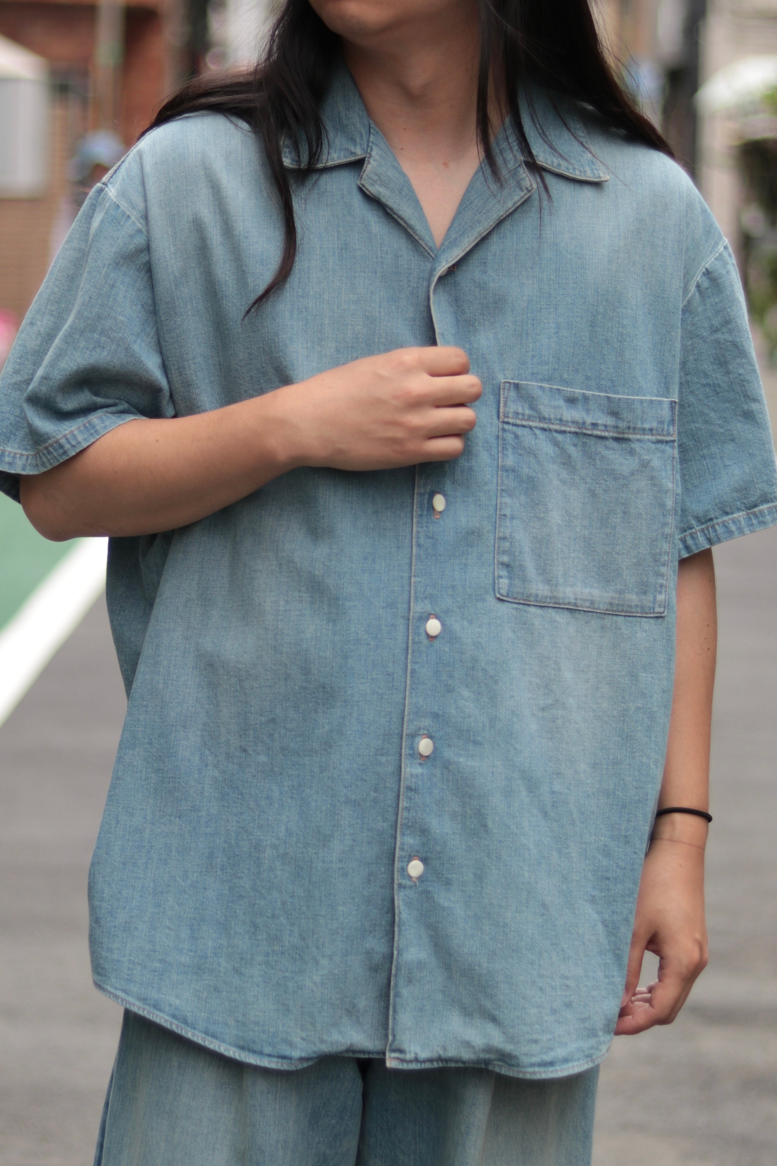 superNova. Big open collar S/S shirt - Old vintage wash/Light Indigo