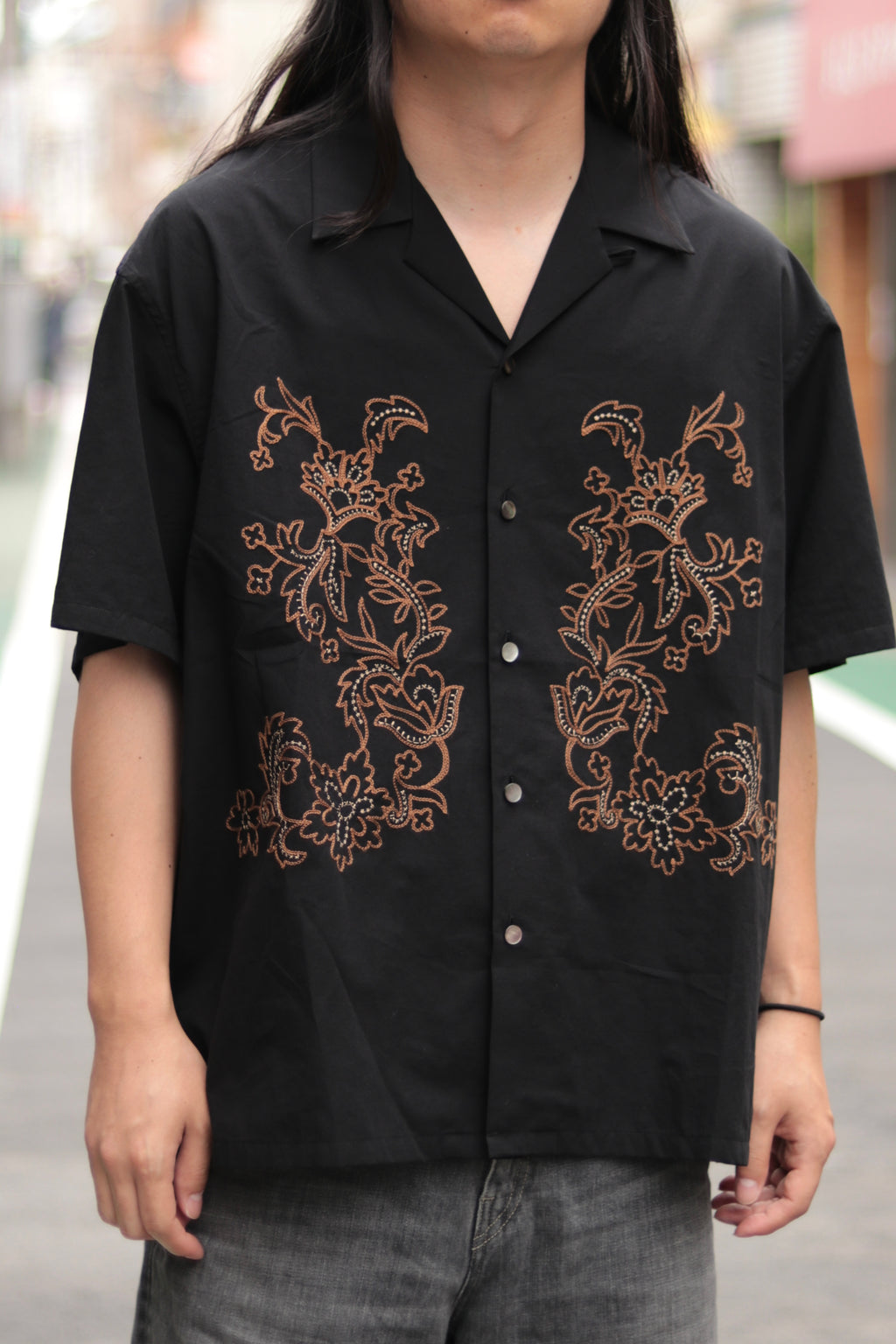 superNova. Aloha shirt - Flower chain embroidery / Black