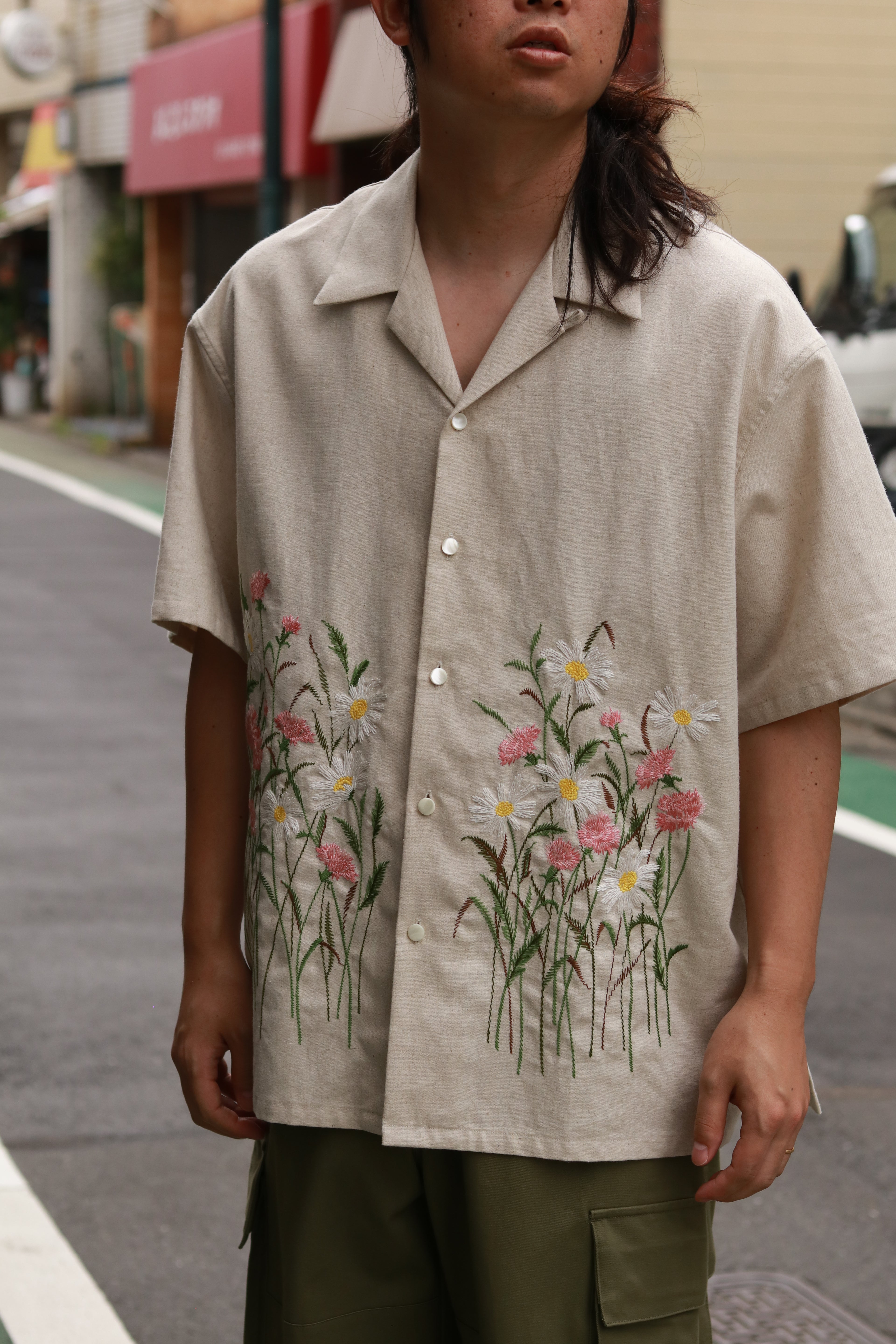 superNova. Aloha shirt - Flower garden embroidery / Natural
