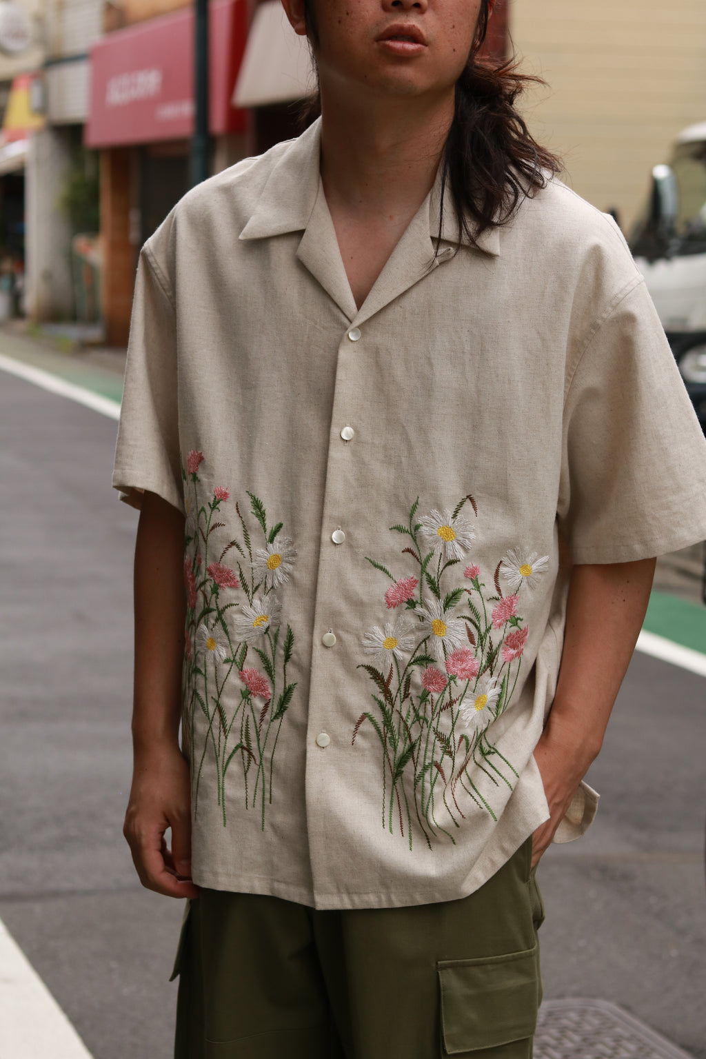 superNova. Aloha shirt - Flower garden embroidery / Natural