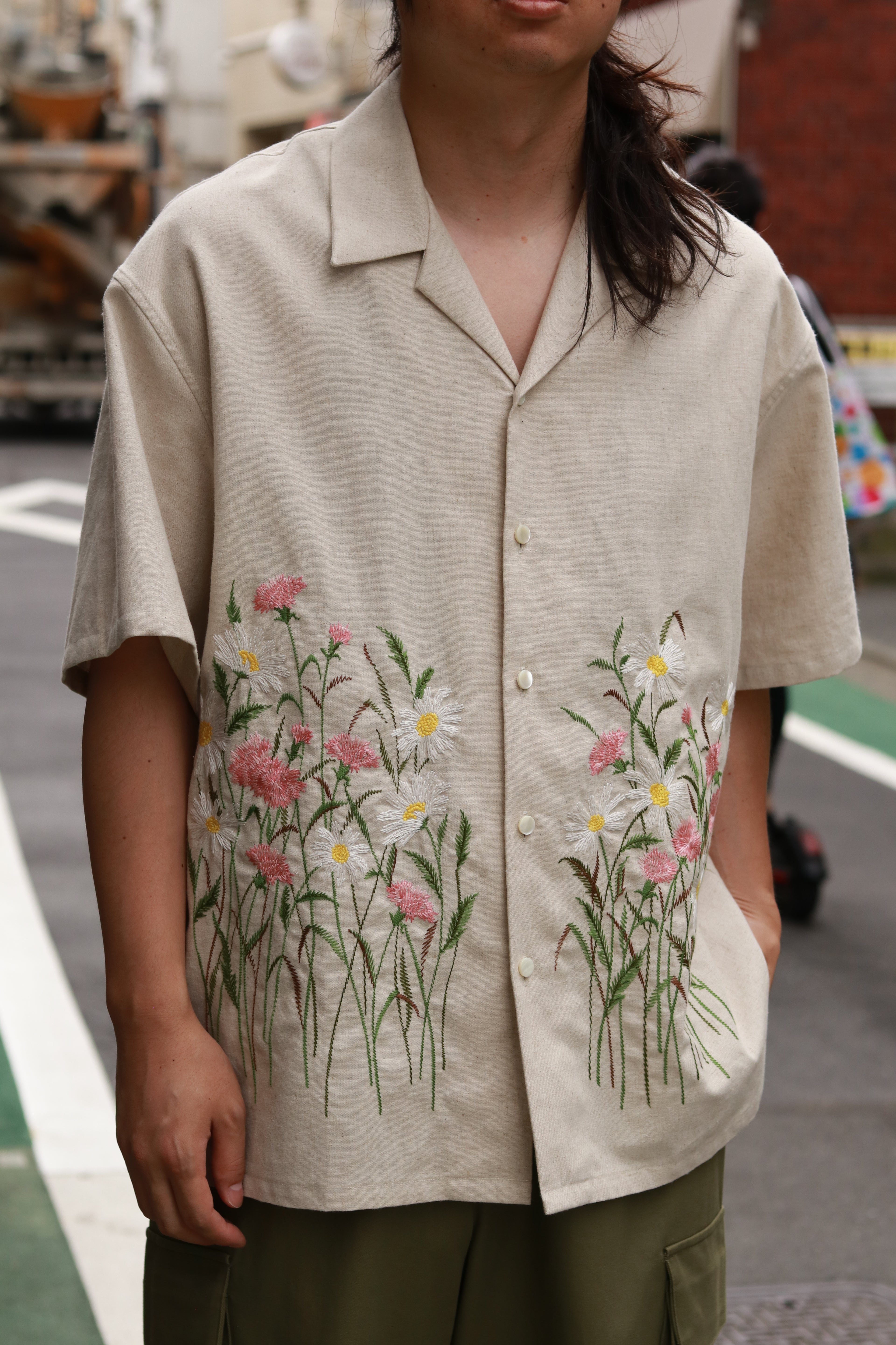 superNova. Aloha shirt - Flower garden embroidery / Natural