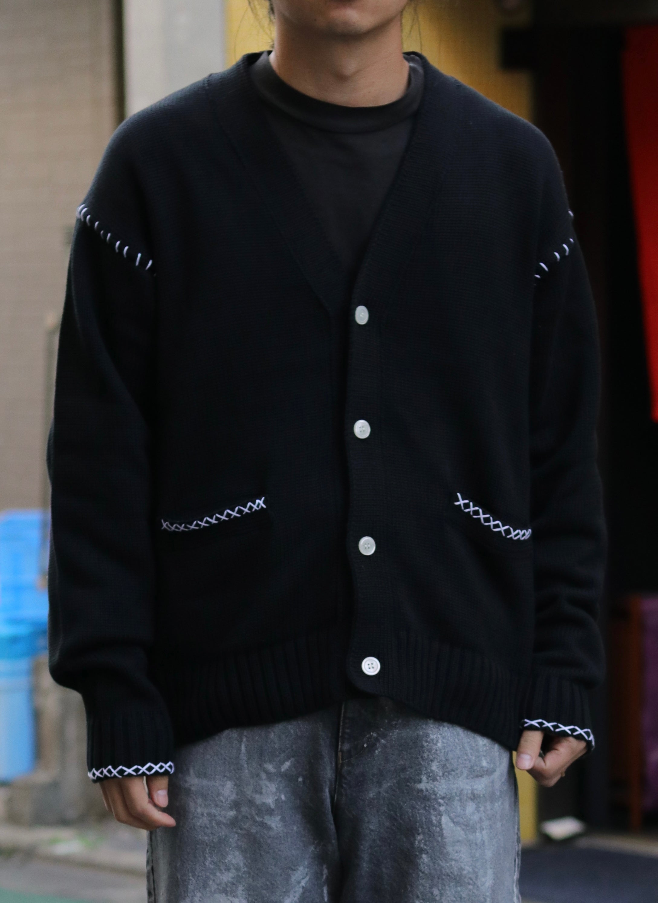 encode HAND-STITCHED KNIT CARDIGAN / Black