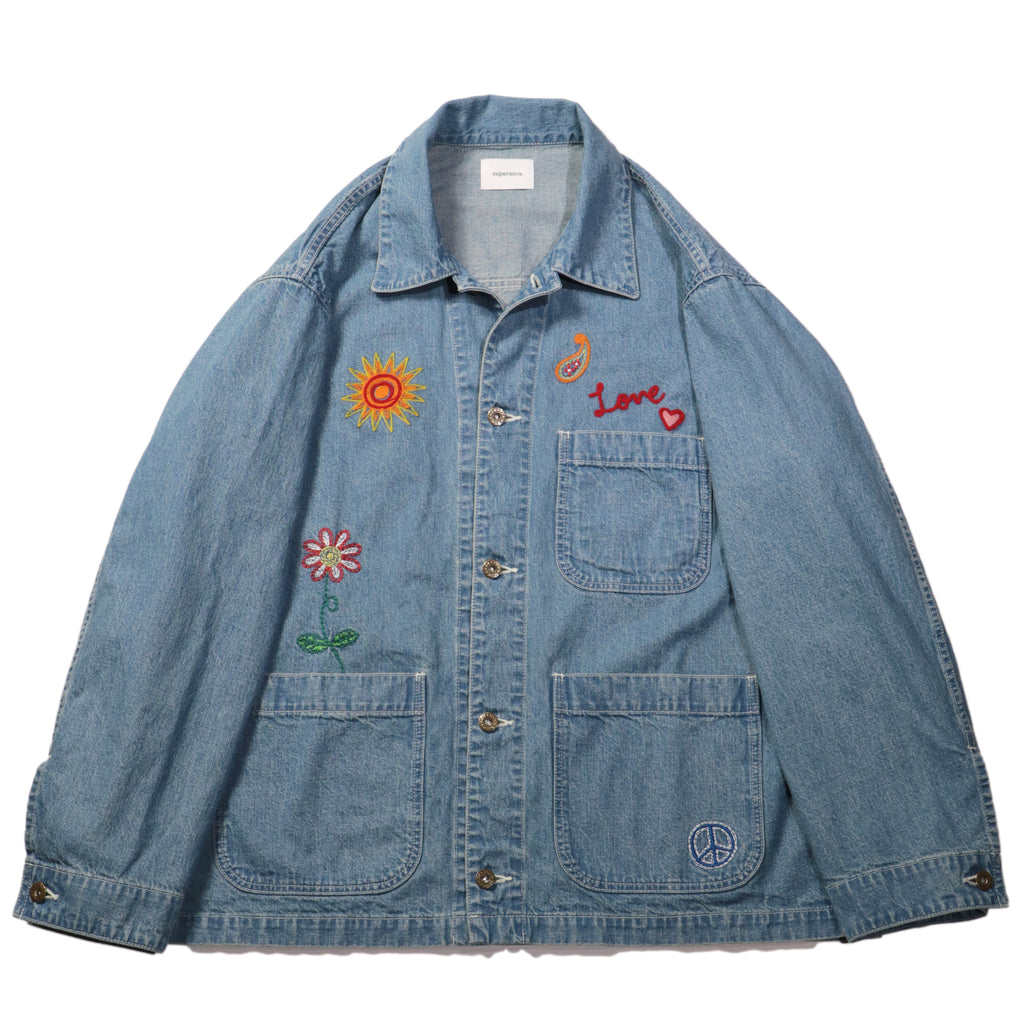 superNova. Embroidered coverall jacket - 9.5oz denim / Light indigo