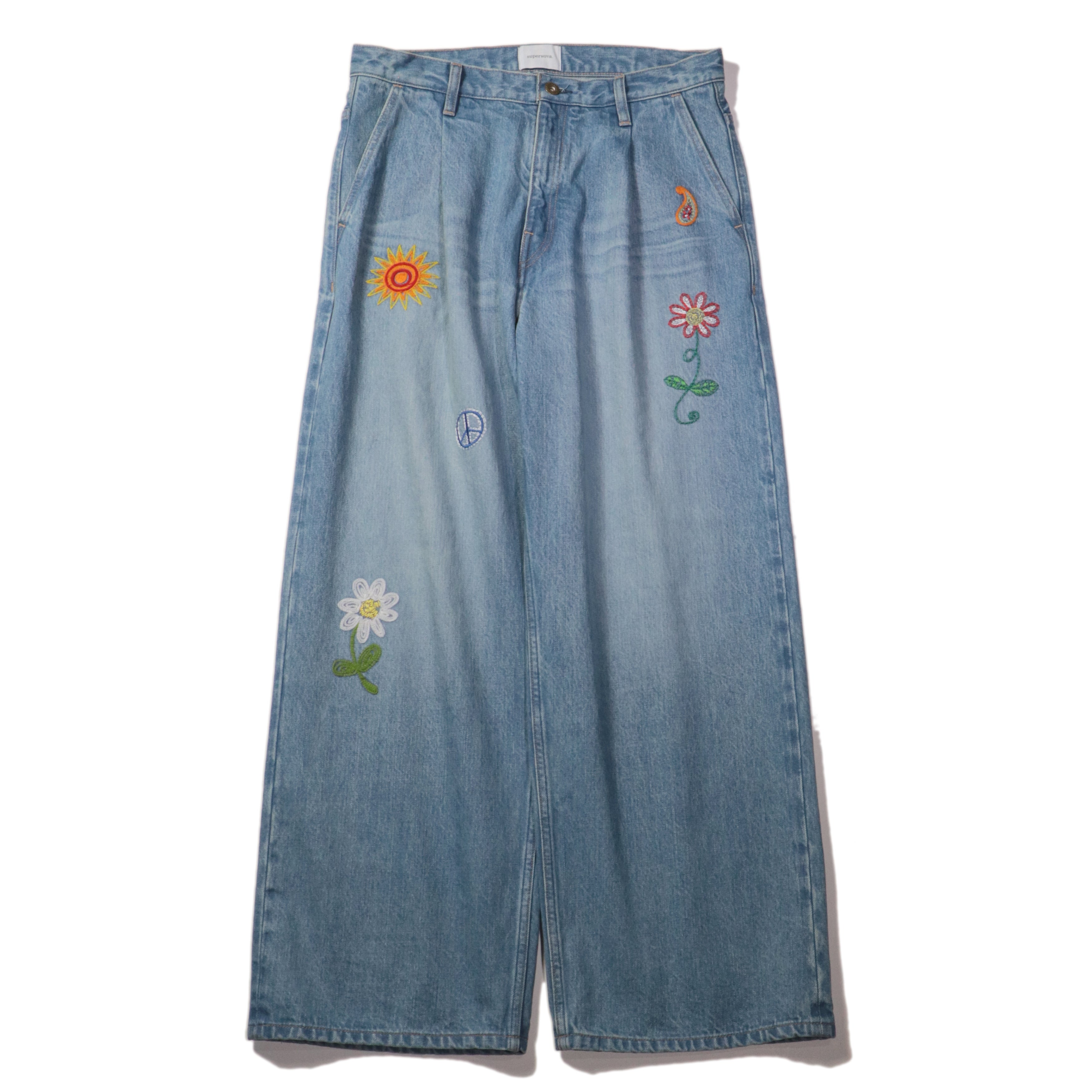 superNova. Embroidered wide selvedge jeans - Old vintage wash / Light indigo